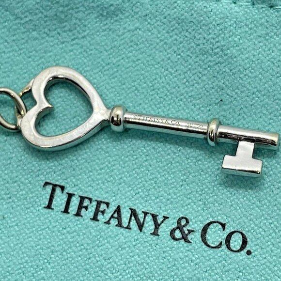 Tiffany & Co. 18k White Gold Diamond Heart Key Pendant 1.5 Inches w/ Pouch - Picture 3 of 11